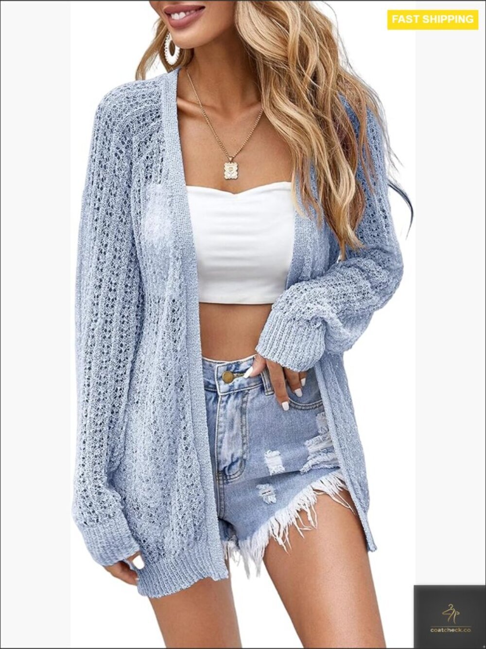 Lightweight Crochet Long Sleeve Cardigan Open Front Boho Beach Cover Up Stretch